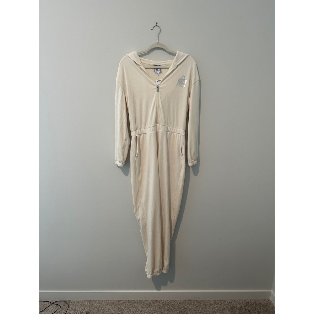 Juicy by Juicy Couture Cream Velour Hooded Jumpsuit Zip Front Jogger Logo Medium
